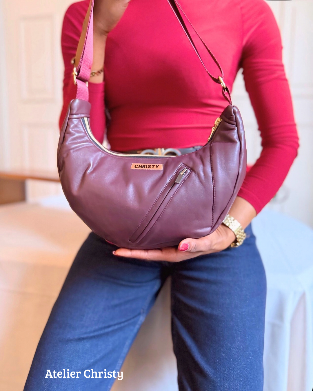 Sac Demi-Lune - rouge bordeaux en cuir – Image 7