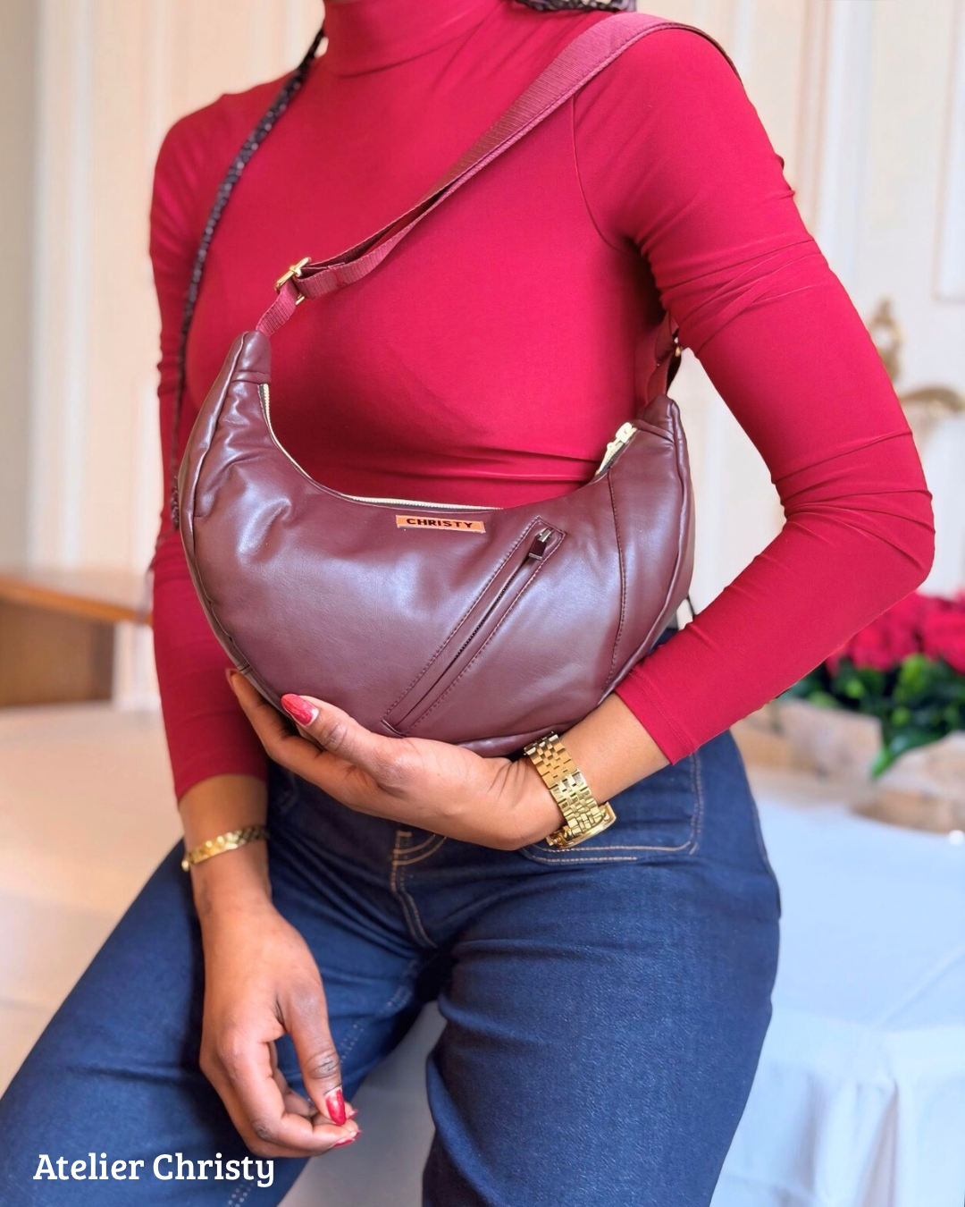 Sac Demi-Lune - rouge bordeaux en cuir – Image 2