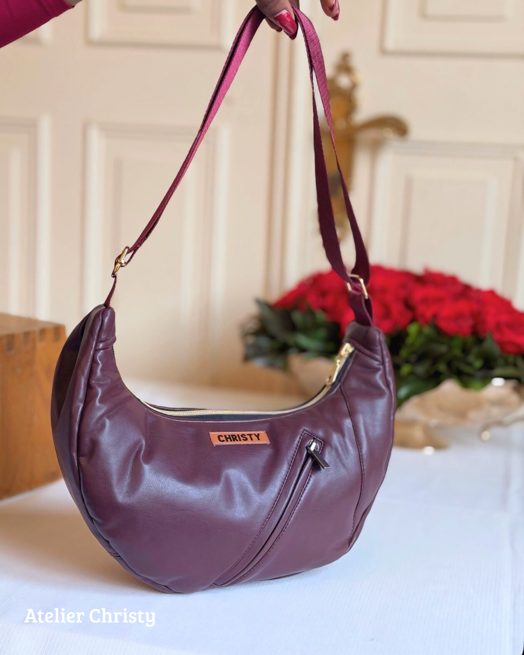 Sac Demi-Lune - rouge bordeaux en cuir – Image 3