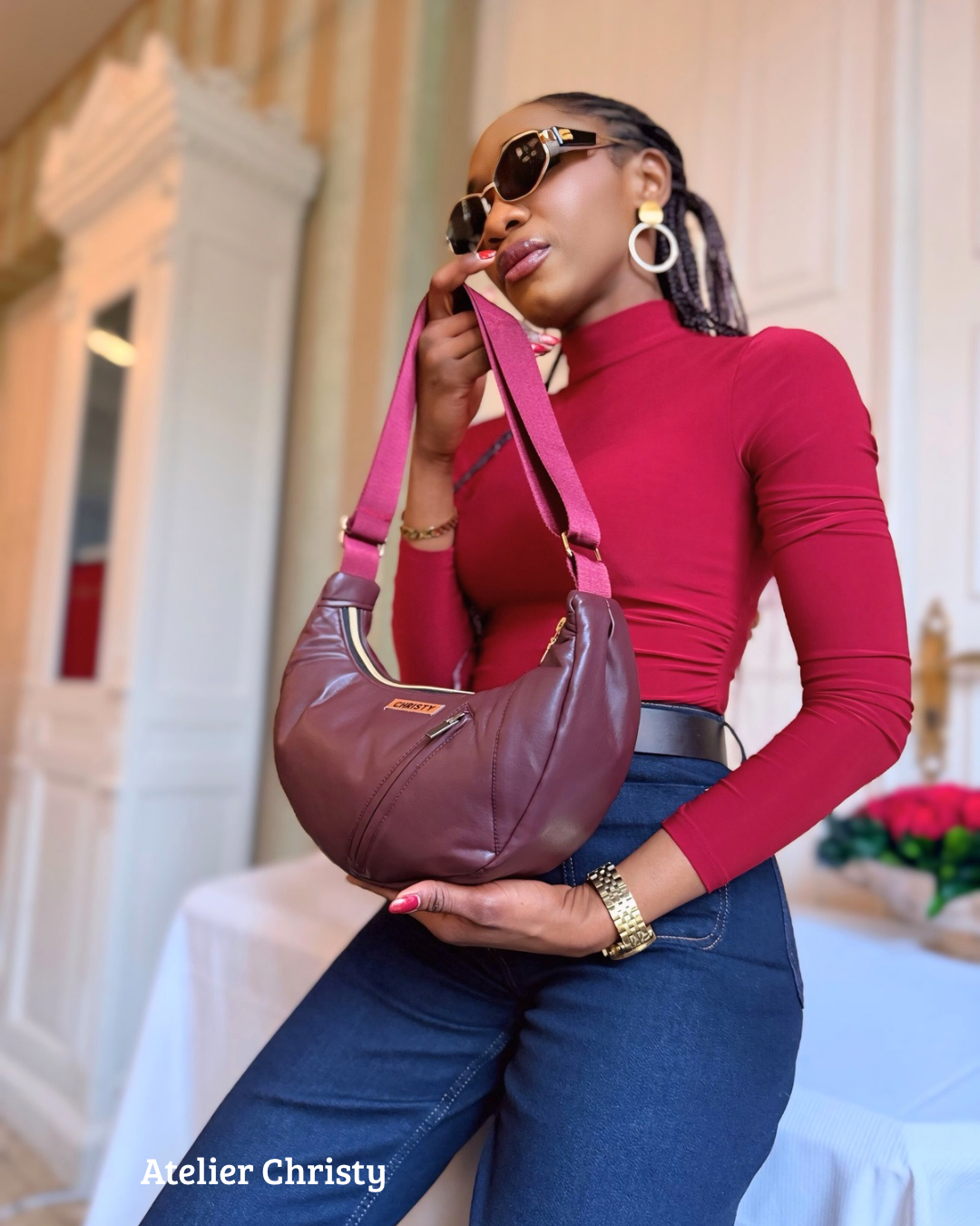Sac Demi-Lune - rouge bordeaux en cuir