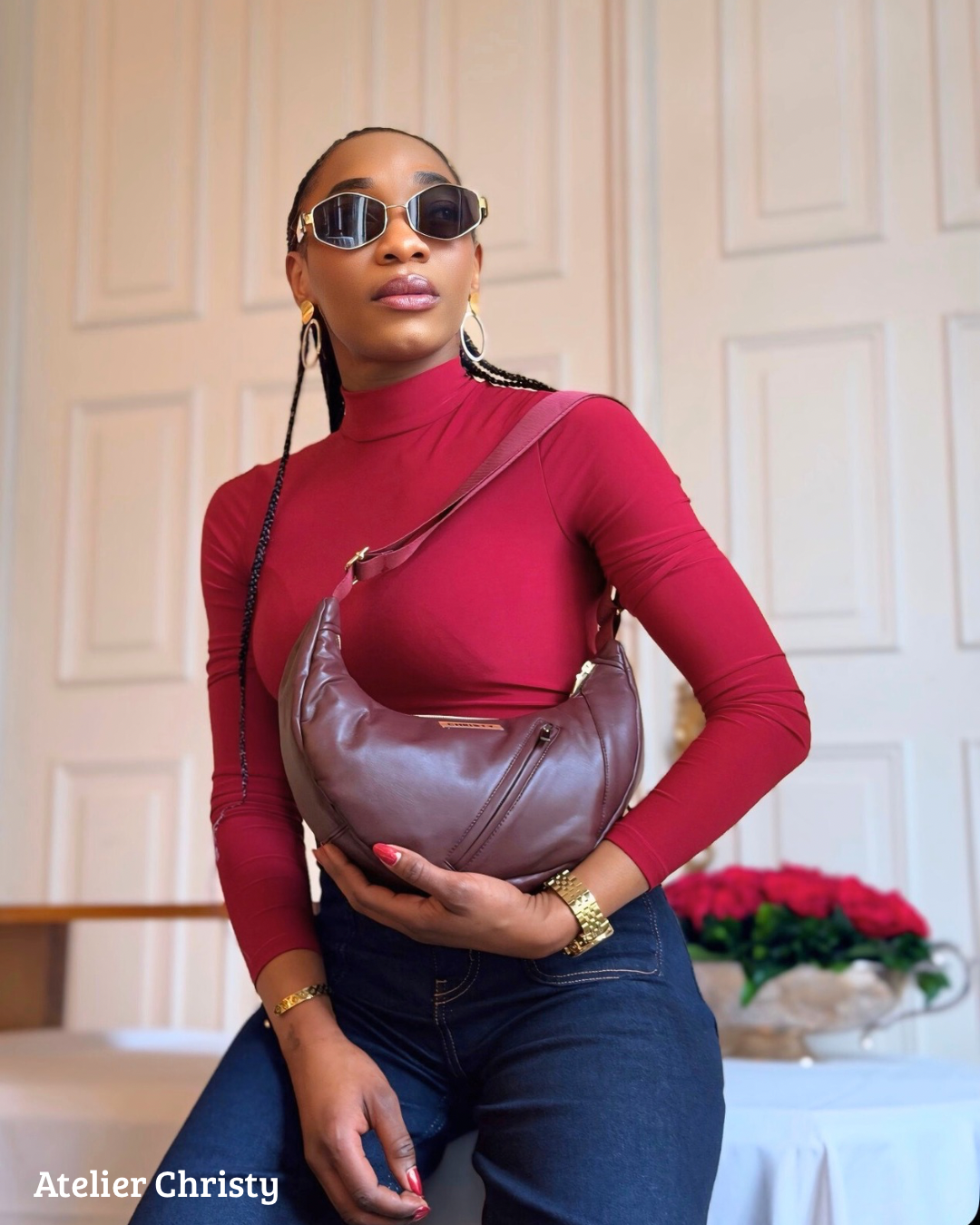 Sac Demi-Lune - rouge bordeaux en cuir – Image 4