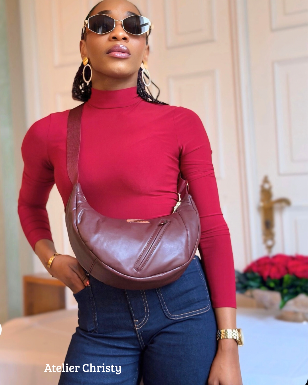 Sac Demi-Lune - rouge bordeaux en cuir – Image 6