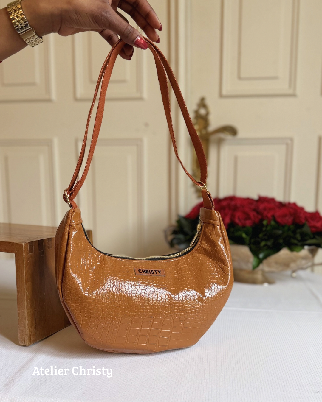 Sac Demi-Lune - orange en cuir – Image 7