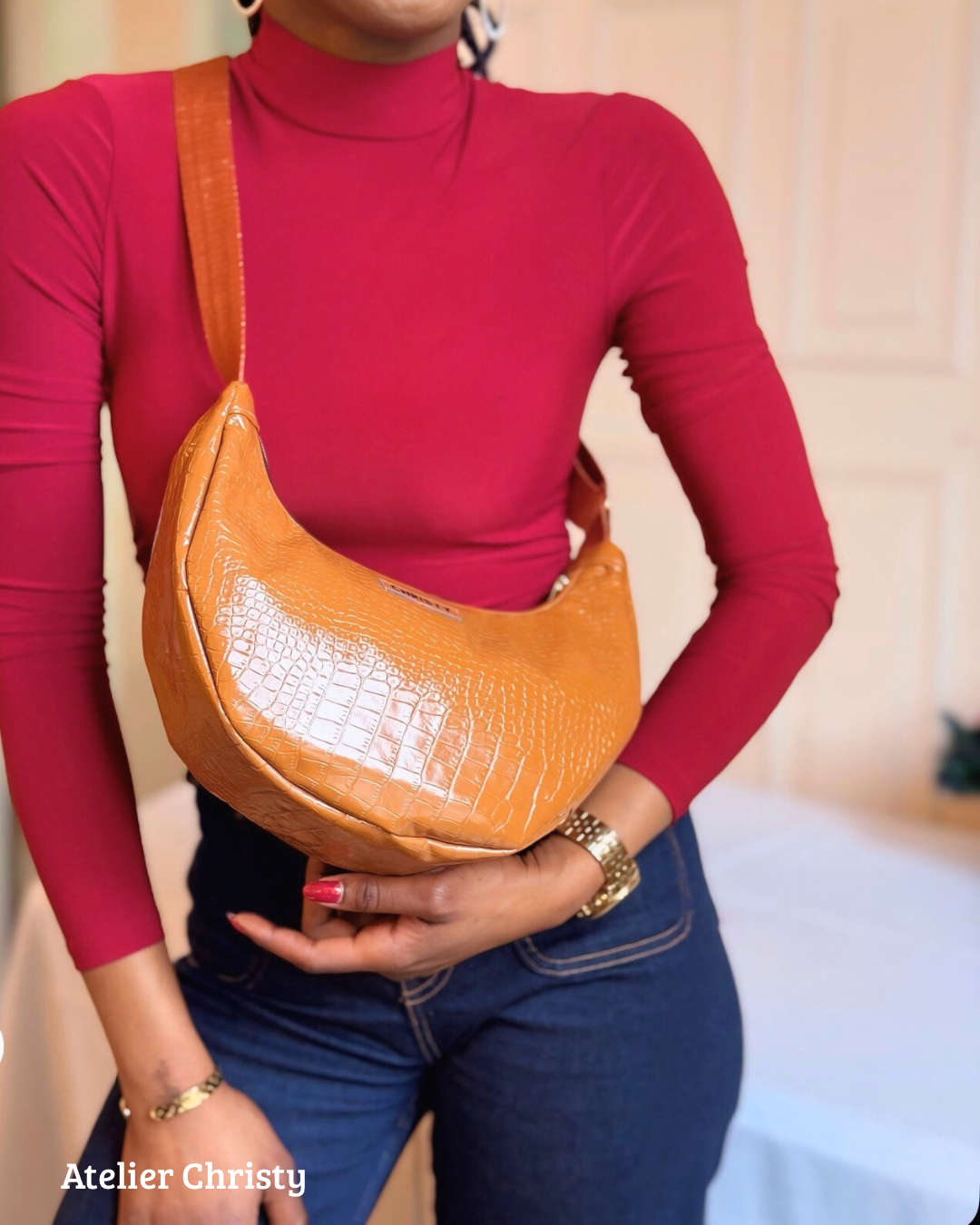 Sac Demi-Lune - orange en cuir – Image 2