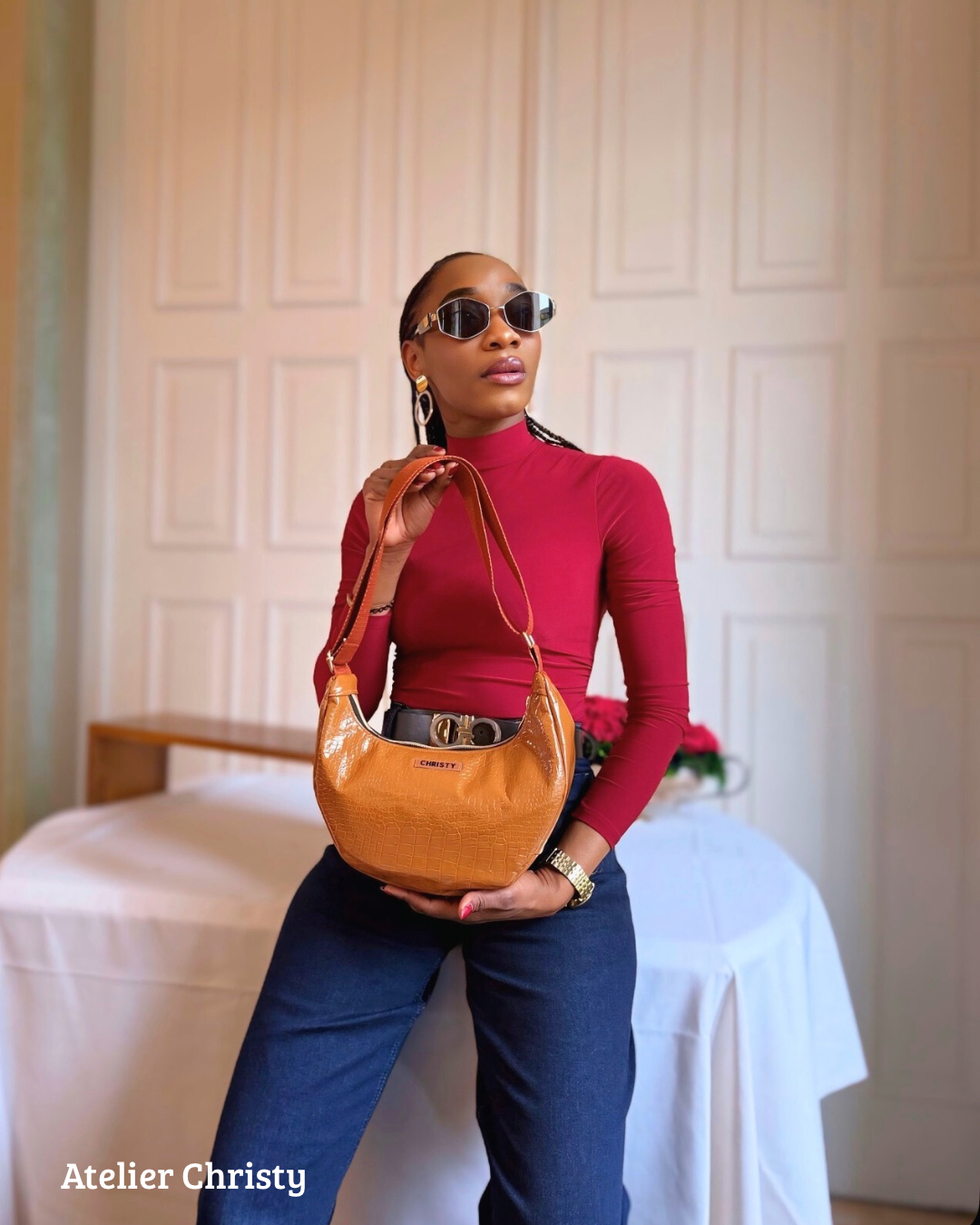 Sac Demi-Lune - orange en cuir