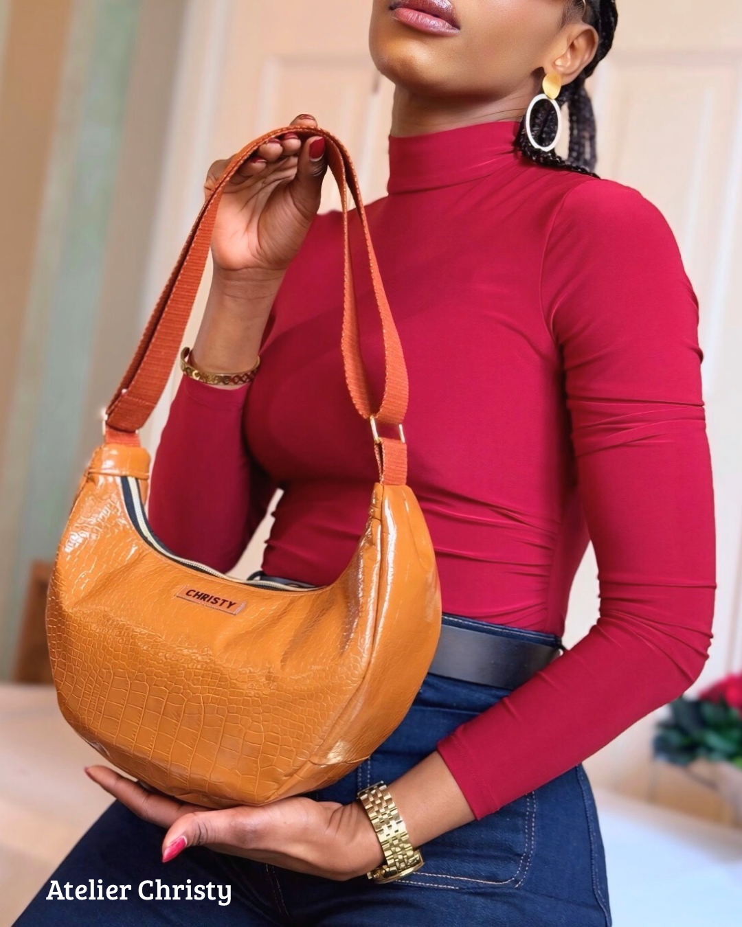 Sac Demi-Lune - orange en cuir – Image 3