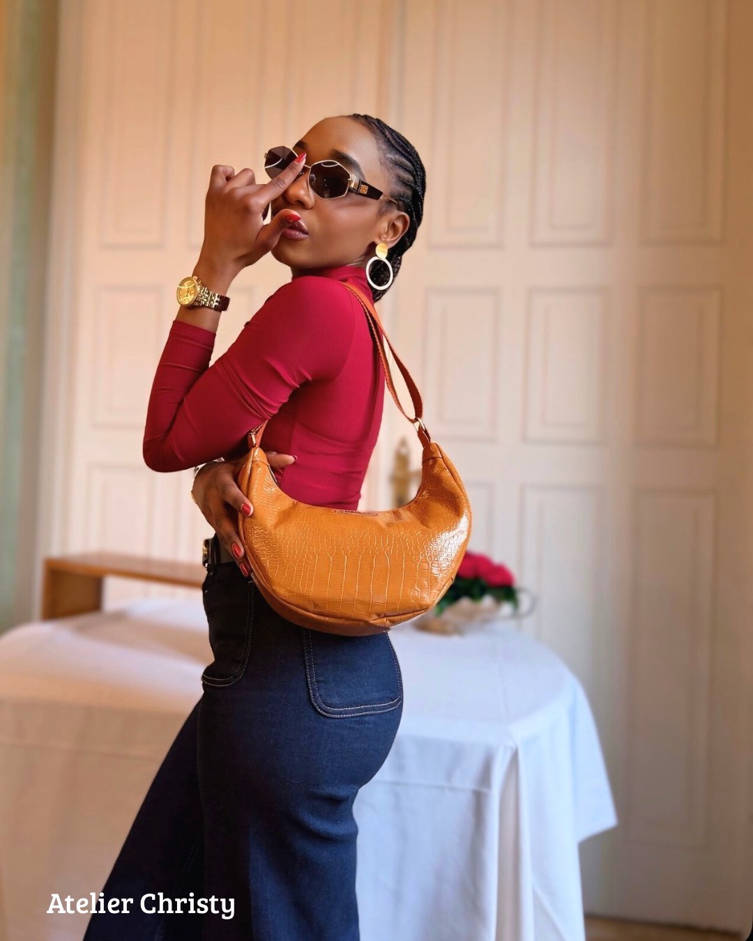 Sac Demi-Lune - orange en cuir – Image 4