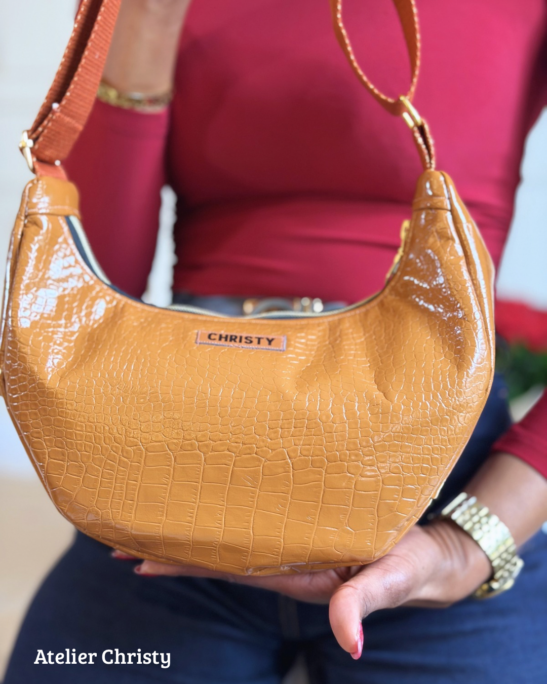 Sac Demi-Lune - orange en cuir – Image 5